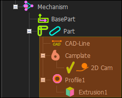 Assembly-Tree with 2D-Cam, with Profile/Extrusion element.