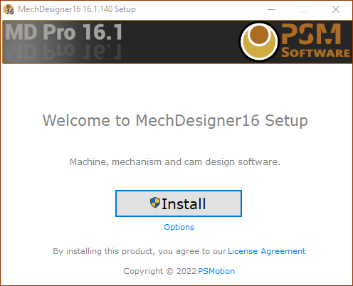 Welcome to MechDesigner, Install button