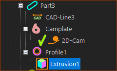 Part, 2D-Cam, Profile, and Extrusion elements in the Assembly-Tree