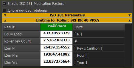 Modified Life for the selected Rollerbearing