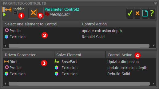 Parameter-Control dialog Three parameters are controlled by the motion-values at the input-connector Parameter-Control dialog Three parameters are controlled by the motion-values at the input-connector